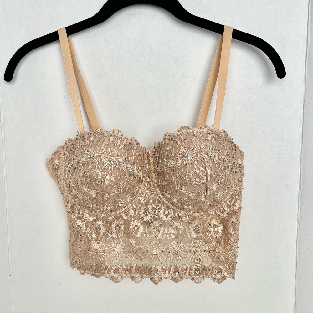 Gold Lace Bustier Corset S Rhinestone, Whimsical Fairy, Bridal, 80s 90s Vibes